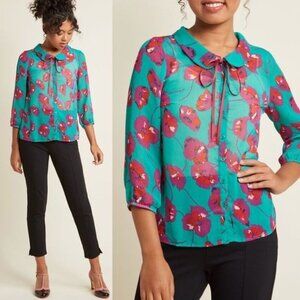 Modcloth Top Floral Sheer Button Down Blouse Shirt Women Size M Green Purple Red